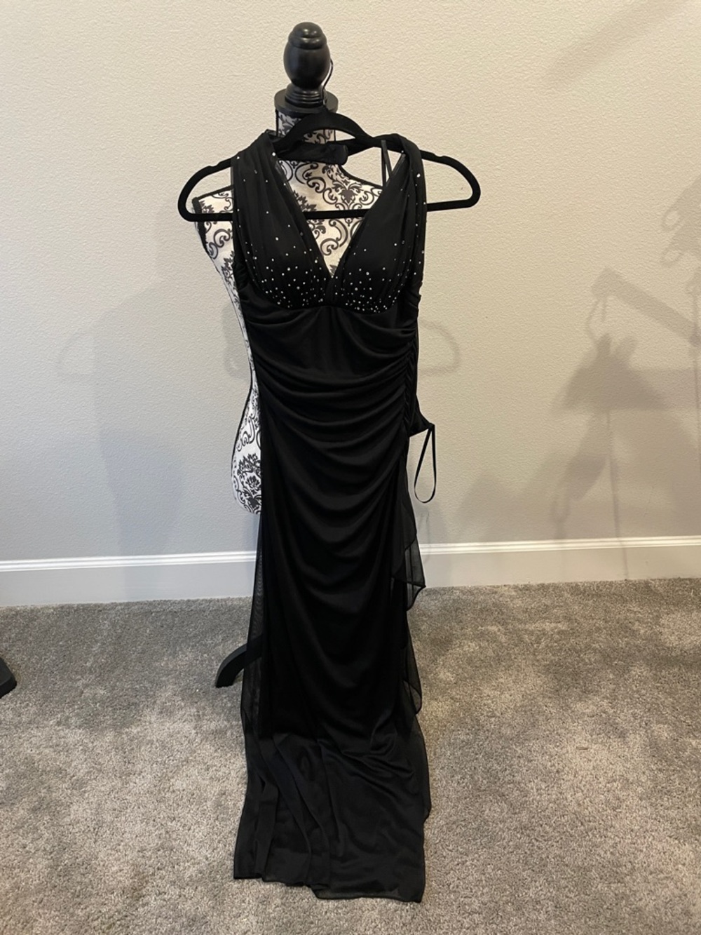 Black Halter sequined Evening Gown with Bead Detail Betsy ADam - Picture 3 of 6